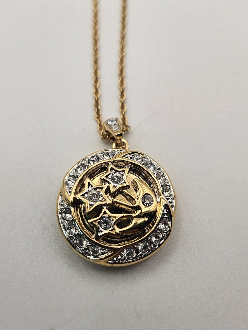 Gold Tone Celestial Crescent Moon Star Locket Necklace Rhinestone